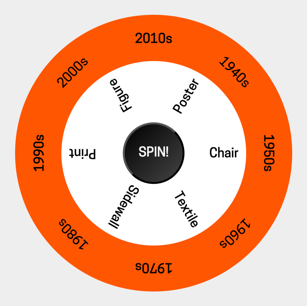 Screenshot of the query generator - two concentric circles surround a button marked SPIN! - dates run around the outermost circle, categories line the inner circle